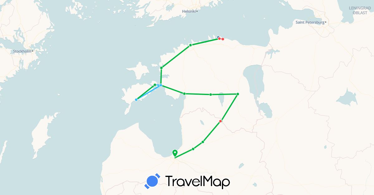 TravelMap itinerary: driving, bus, cycling, hiking, boat in Estonia, Latvia (Europe)